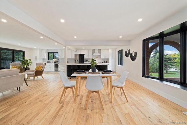 Dining room, Interior, Kitchen, Recessed Lighting, Wood Texture Flooring