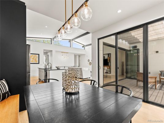 Dining room, Interior, Pendant Lights, Recessed Lighting, Wood Texture Flooring