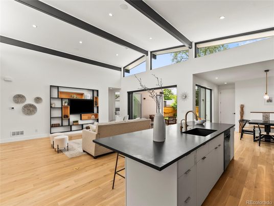 Dining room, Interior, Living room, Pendant Lights, Recessed Lighting, Wood Texture Flooring
