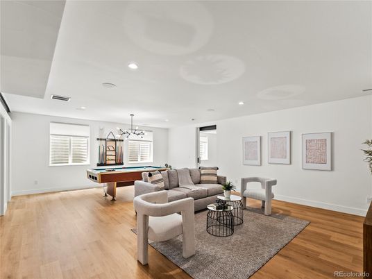 Billiard Table, Game Room, Interior, Living room, Pendant Lights, Recessed Lighting, Wood Texture Flooring