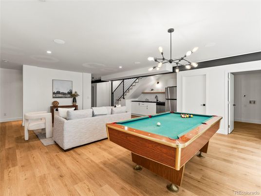 Billiard Table, Game Room, Interior, Pendant Lights, Recessed Lighting, Wood Texture Flooring