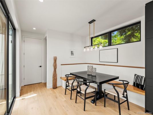 Dining room, Interior, Pendant Lights, Recessed Lighting, Wood Texture Flooring