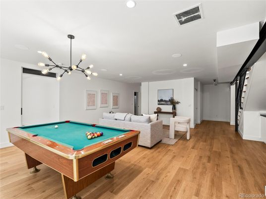 Billiard Table, Game Room, Interior, Living room, Pendant Lights, Recessed Lighting, Wood Texture Flooring