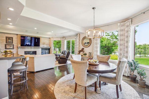 Dining room, Fireplace, Interior, Living room, Pendant Lights, Recessed Lighting, Wood Texture Flooring