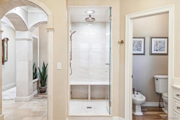Bathroom, Glass Shower, Interior, Recessed Lighting, Wood Texture Flooring