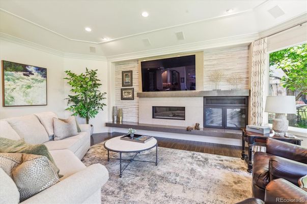 Fireplace, Interior, Living room, Recessed Lighting, Wood Texture Flooring
