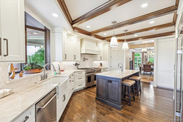 Dining room, Interior, Kitchen, Pendant Lights, Recessed Lighting, Stainless Steel Appliances, Wooden Beams, Wood Texture Flooring