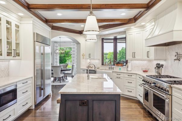Chandelier, Interior, Kitchen, Pendant Lights, Recessed Lighting, Stainless Steel Appliances, Wooden Beams, Wood Texture Flooring