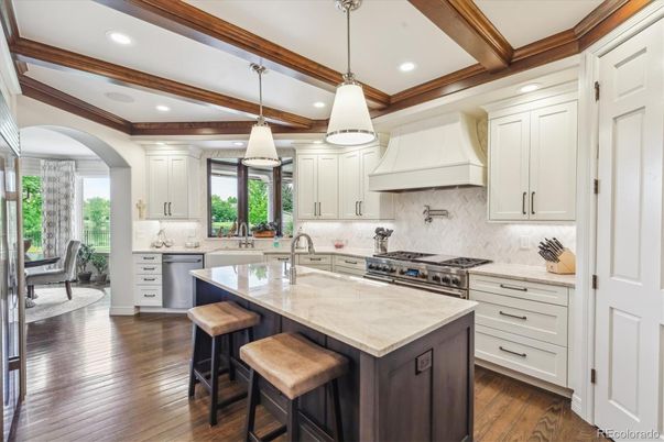 Interior, Kitchen, Pendant Lights, Recessed Lighting, Stainless Steel Appliances, Wooden Beams, Wood Texture Flooring