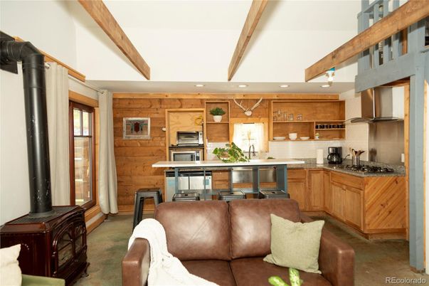 Interior, Kitchen, Recessed Lighting, Stainless Steel Appliances, Wooden Beams, Wooden Walls