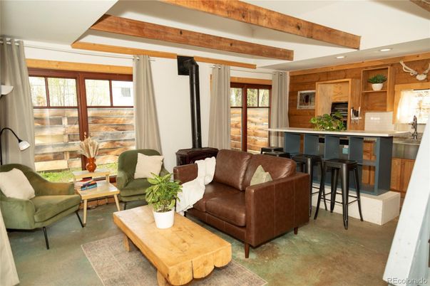 Interior, Kitchen, Living room, Recessed Lighting, Wooden Beams
