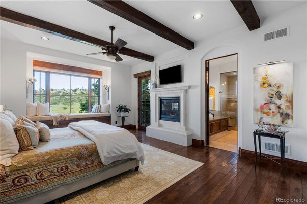 Bedroom, Fireplace, Interior, Recessed Lighting, Wooden Beams, Wood Texture Flooring