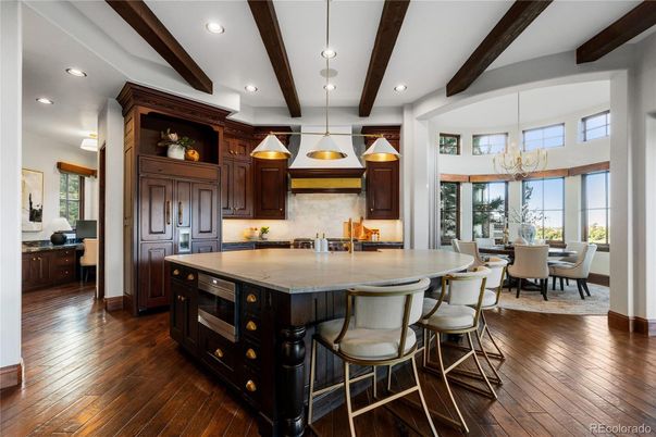 Dining room, Interior, Kitchen, Pendant Lights, Recessed Lighting, Wooden Beams, Wood Texture Flooring