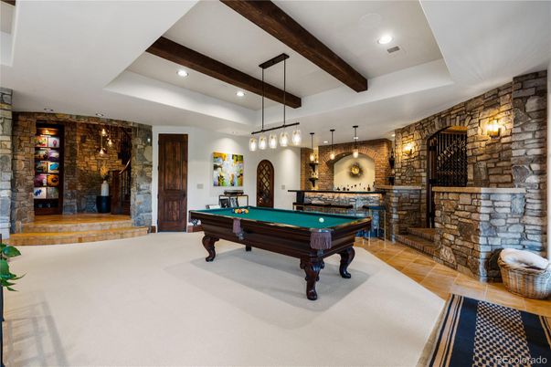 Billiard Table, Fireplace, Game Room, Interior, Pendant Lights, Recessed Lighting, Stone Walls, Wooden Beams