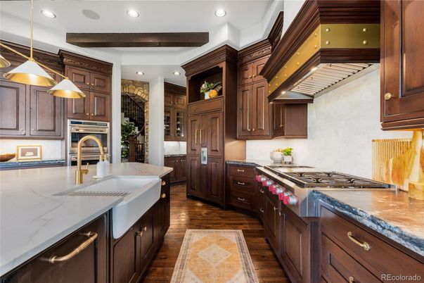 Interior, Kitchen, Pendant Lights, Recessed Lighting, Stainless Steel Appliances, Wooden Beams, Wood Texture Flooring