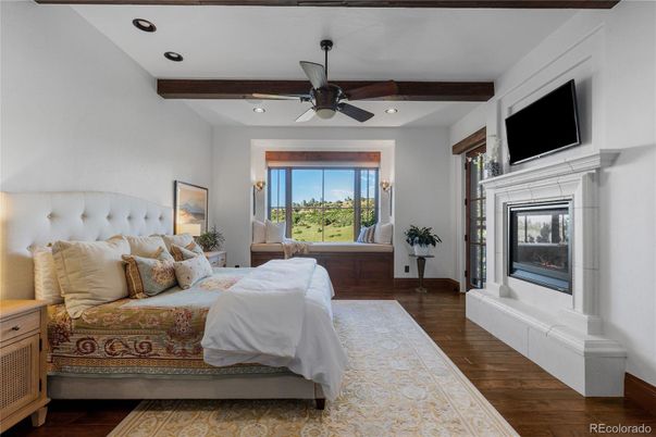 Bedroom, Fireplace, Interior, Recessed Lighting, Wooden Beams, Wood Texture Flooring