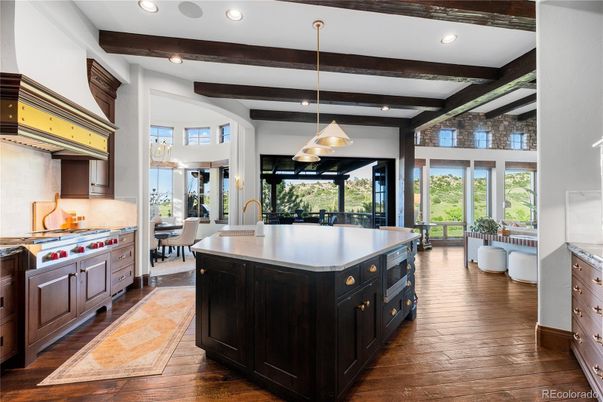 Interior, Kitchen, Pendant Lights, Recessed Lighting, Stainless Steel Appliances, Wooden Beams, Wood Texture Flooring