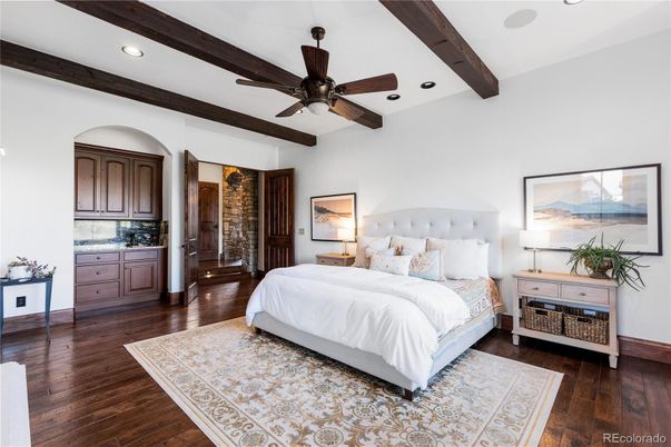 Bedroom, Interior, Recessed Lighting, Wooden Beams, Wood Texture Flooring