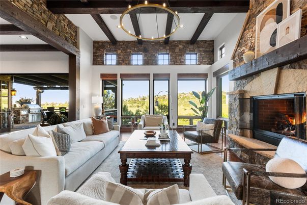 Fireplace, Interior, Living room, Recessed Lighting, Stone Walls, Wooden Beams, Wood Texture Flooring