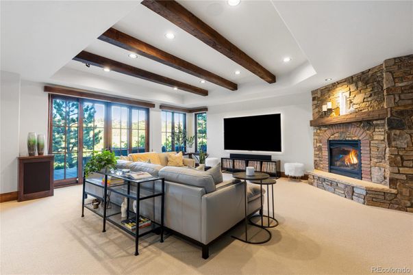 Fireplace, Interior, Living room, Recessed Lighting, Stone Walls, Wooden Beams