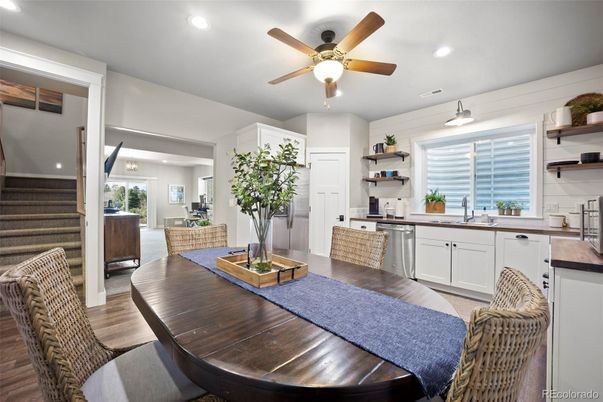 Dining room, Interior, Kitchen, Pendant Lights, Recessed Lighting, Wood Texture Flooring