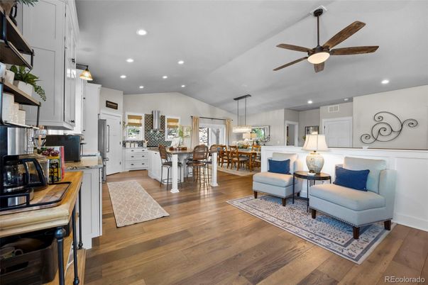 Dining room, Interior, Kitchen, Pendant Lights, Recessed Lighting, Wood Texture Flooring