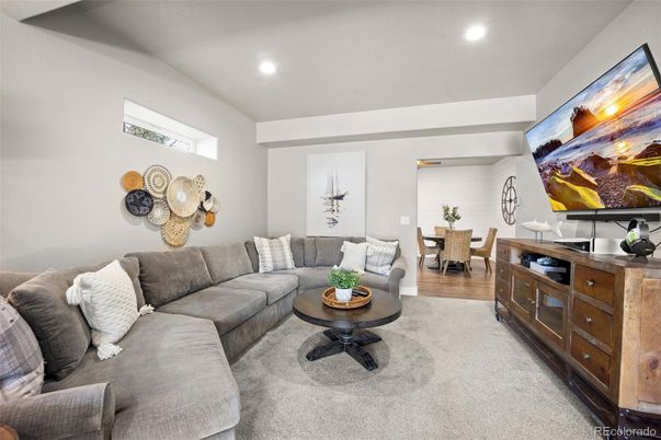 Dining room, Interior, Living room, Recessed Lighting, Wood Texture Flooring