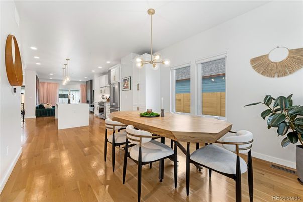 Dining room, Interior, Kitchen, Pendant Lights, Recessed Lighting, Wood Texture Flooring