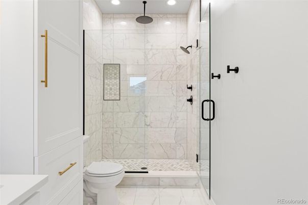 Bathroom, Glass Shower, Interior, Marble, Marble Walls, Recessed Lighting