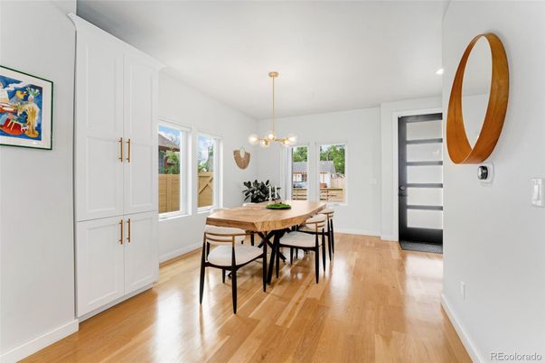 Dining room, Interior, Pendant Lights, Recessed Lighting, Wood Texture Flooring