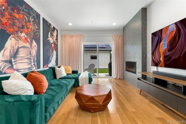 Fireplace, Interior, Living room, Recessed Lighting, Wood Texture Flooring