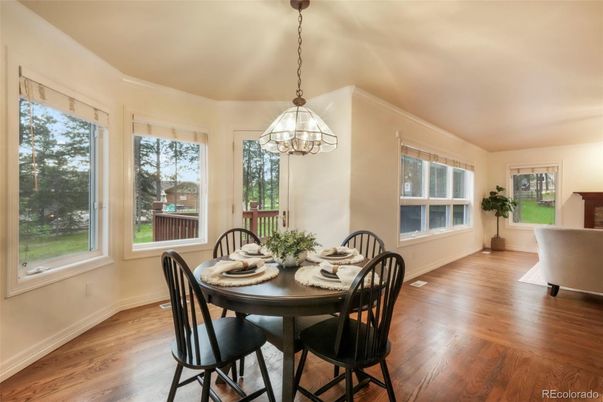 Dining room, Interior, Pendant Lights, Wood Texture Flooring