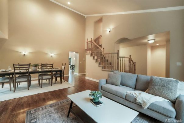 Dining room, Interior, Living room, Recessed Lighting, Wood Texture Flooring