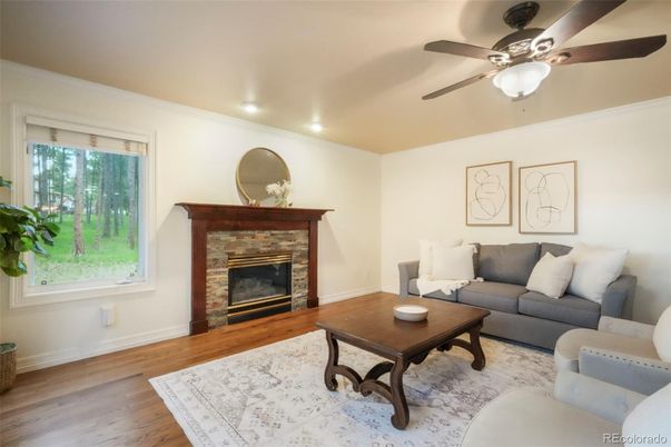 Fireplace, Interior, Living room, Recessed Lighting, Wood Texture Flooring
