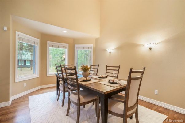 Dining room, Interior, Recessed Lighting, Wood Texture Flooring