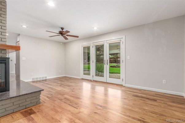 Empty room, Fireplace, Interior, Recessed Lighting, Wood Texture Flooring