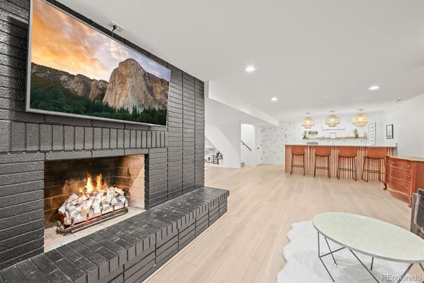 Fireplace, Interior, Recessed Lighting, Wood Texture Flooring