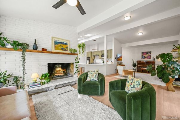 Fireplace, Interior, Kitchen, Living room, Piano, Recessed Lighting, Stone Walls, Wood Texture Flooring