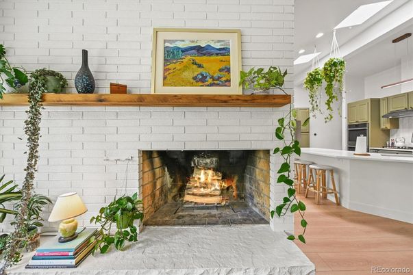 Fireplace, Interior, Recessed Lighting, Stone Walls, Wood Texture Flooring