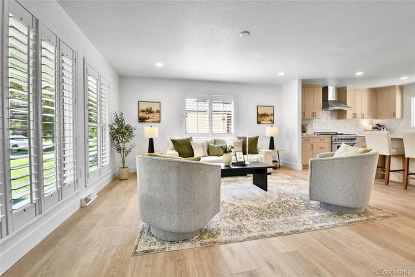 Interior, Kitchen, Living room, Recessed Lighting, Stainless Steel Appliances, Wood Texture Flooring