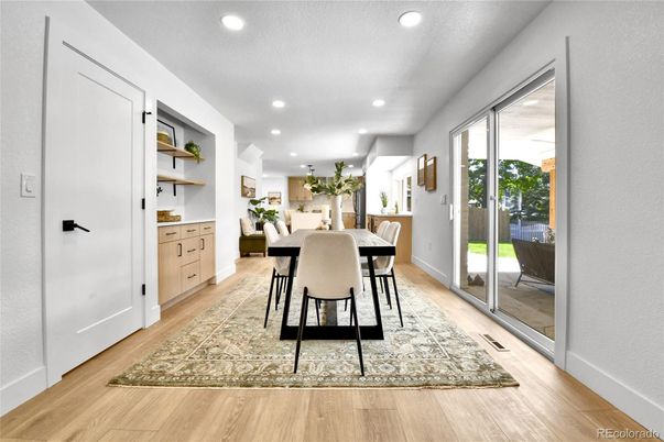 Dining room, Interior, Recessed Lighting, Wood Texture Flooring