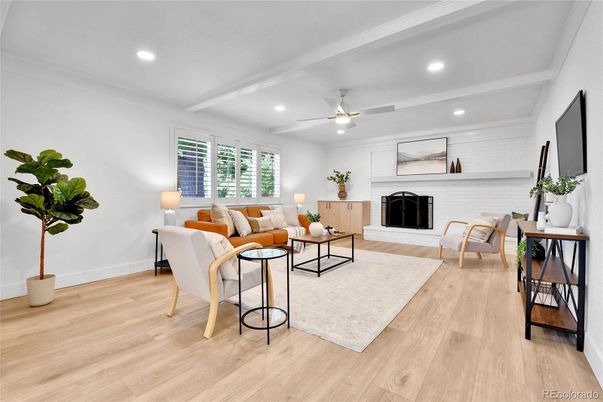 Fireplace, Interior, Living room, Recessed Lighting, Wood Texture Flooring