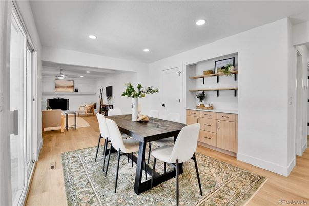 Dining room, Interior, Recessed Lighting, Wood Texture Flooring