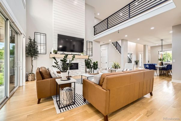 Dining room, Fireplace, Interior, Living room, Pendant Lights, Recessed Lighting, Wood Texture Flooring
