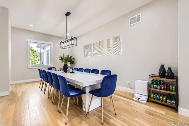 Dining room, Interior, Pendant Lights, Recessed Lighting, Wood Texture Flooring