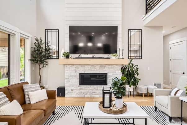 Fireplace, Interior, Living room, Recessed Lighting, Wood Texture Flooring