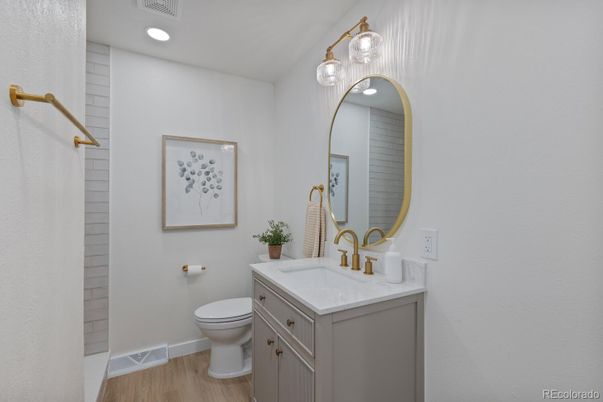 Bathroom, Interior, Recessed Lighting, Wood Texture Flooring