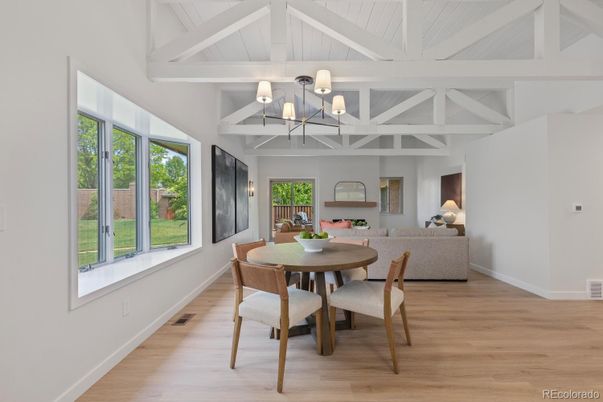 Chandelier, Dining room, Interior, Wood Texture Flooring