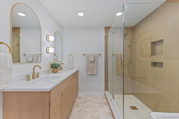 Bathroom, Dual Sink Vanities, Glass Shower, Interior, Recessed Lighting