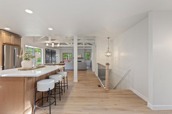 Interior, Kitchen, Pendant Lights, Recessed Lighting, Wood Texture Flooring
